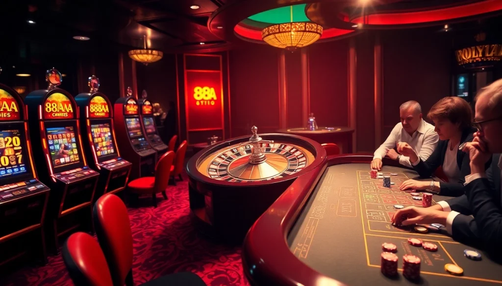 88AA casino enthusiasts engage with roulette and blackjack, celebrating thrilling wins in a lavish setting.