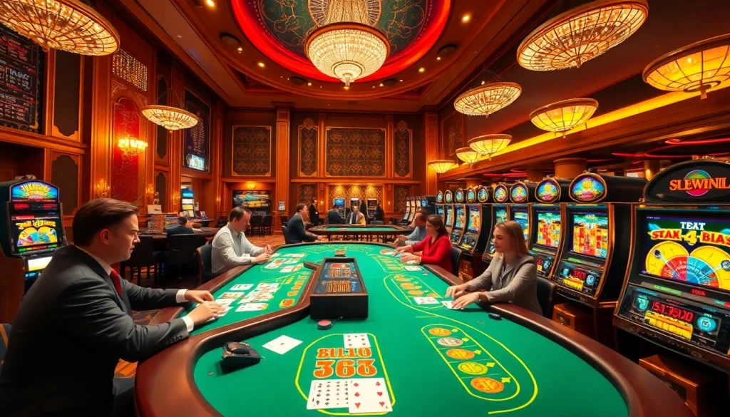 Experience the thrill at 88AA Casino with players enjoying blackjack and vibrant slot machines.