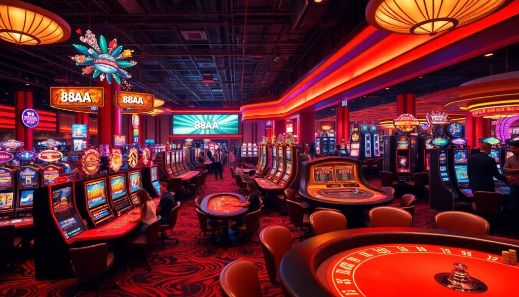 Casino scene featuring diverse games like 88AA poker, vibrant slot machines, and engaged players.