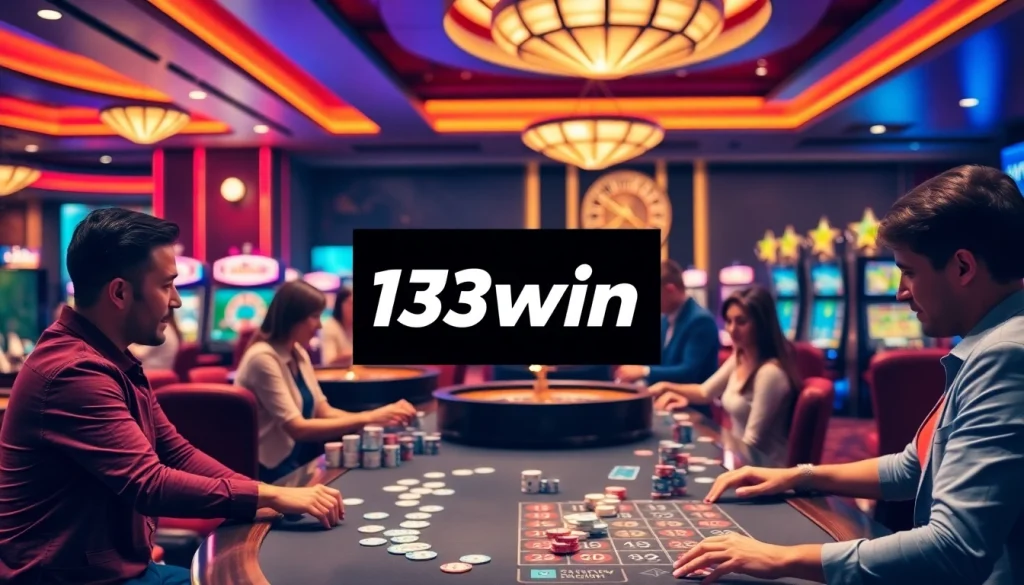 13win players enjoying a thrilling game at a casino table filled with poker chips and cards.