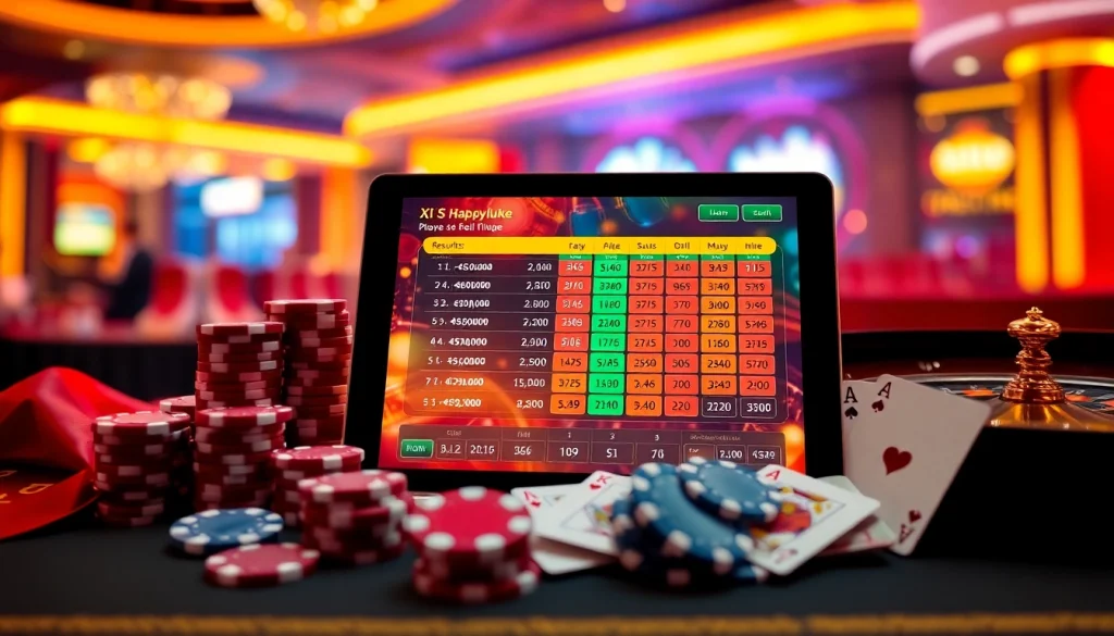 Xổ Số Happyluke lottery results displayed on a digital tablet amidst casino elements like roulette and poker chips, showcasing the thrill of online gambling.